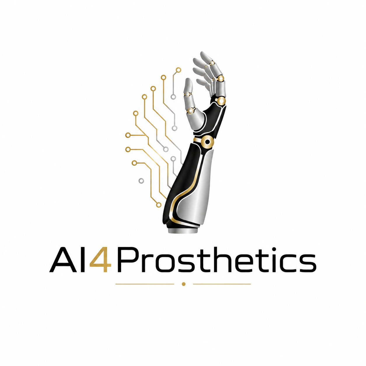 AI4Prosthetics robotic arm logo with gold circuit lines